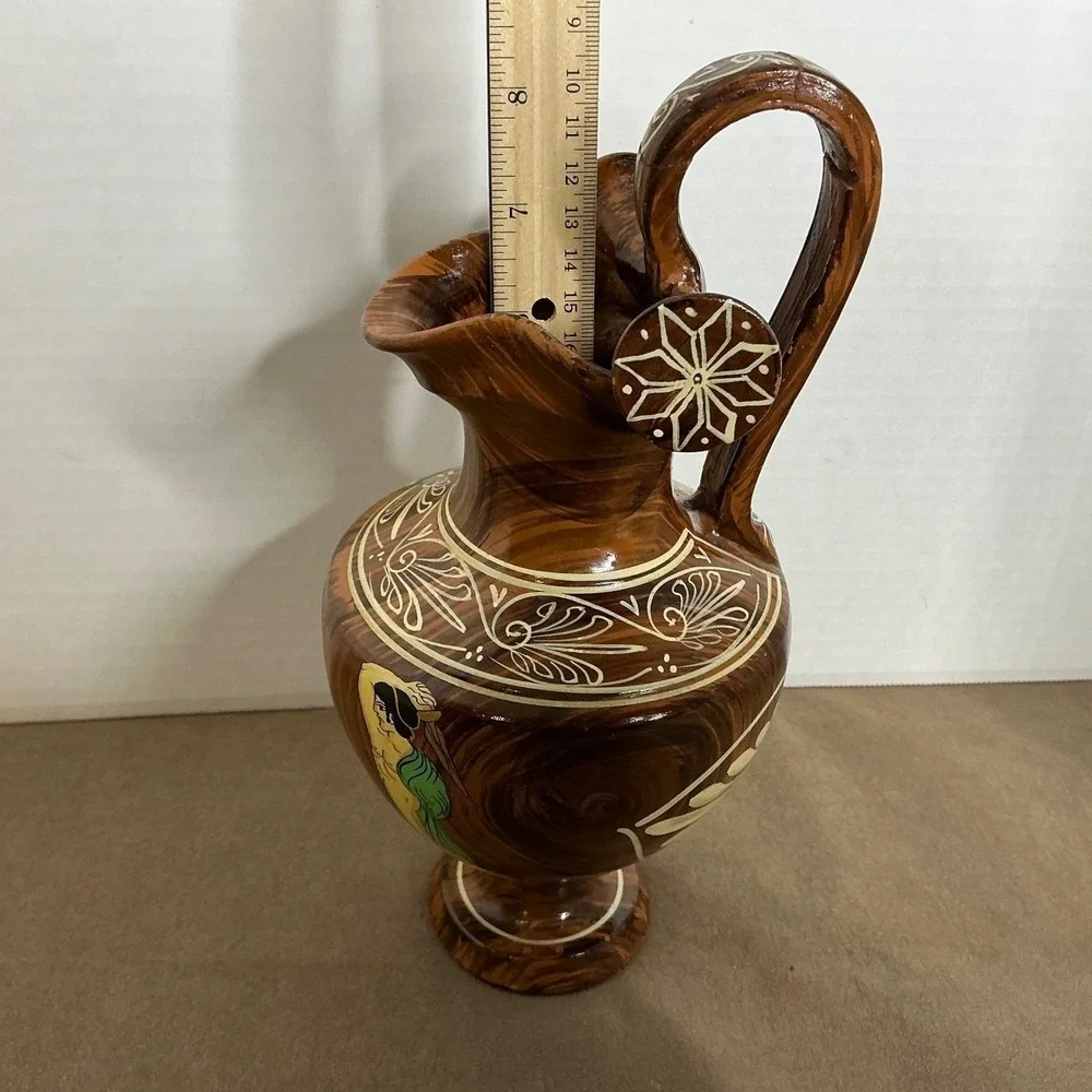 Vintage Greek Hand Painted Pottery Ewer‎ Jug Signed Mid Century MCM Decor